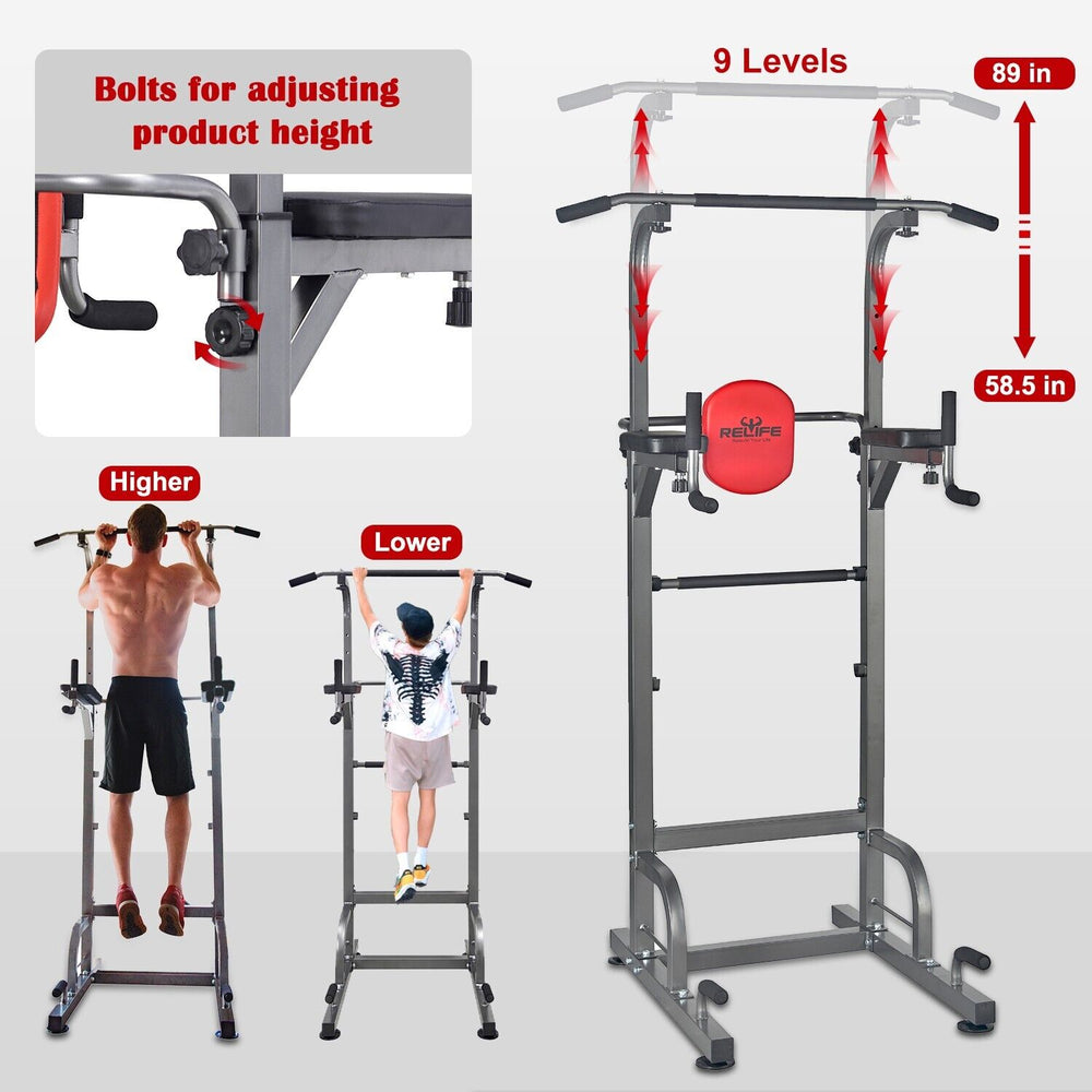 RELIFE Power Tower Dip Station Pull up Bar for Home Gym Strength Training 330Lbs