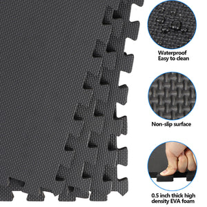 12 Pieces Puzzle Exercise Floor Mats Workout Gym Equipment Mat Black 24''×24''