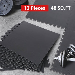 12 Pieces Puzzle Exercise Floor Mats Workout Gym Equipment Mat Black 24''×24''
